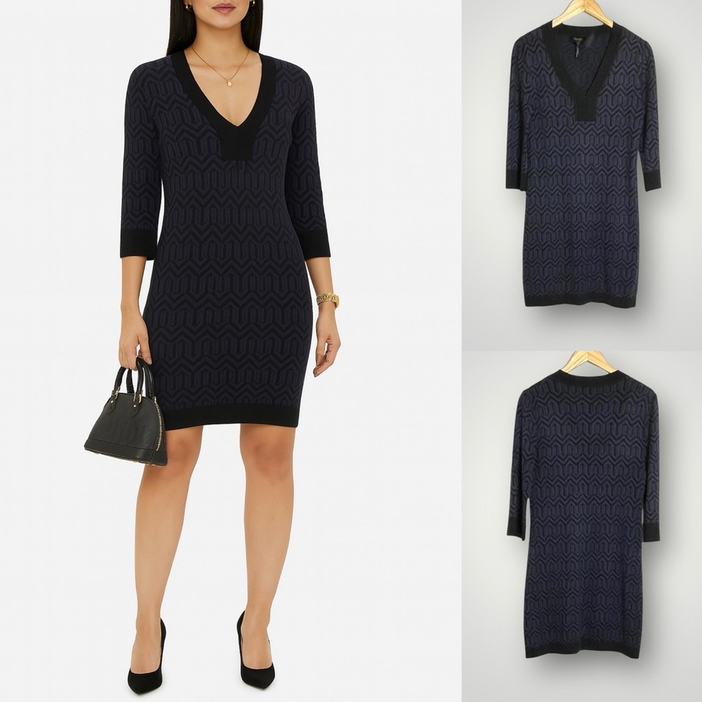 Laundry By Shelli Segal | Sweater Dress Wool Blend 3/4 Sleeve V Neck Blue Black